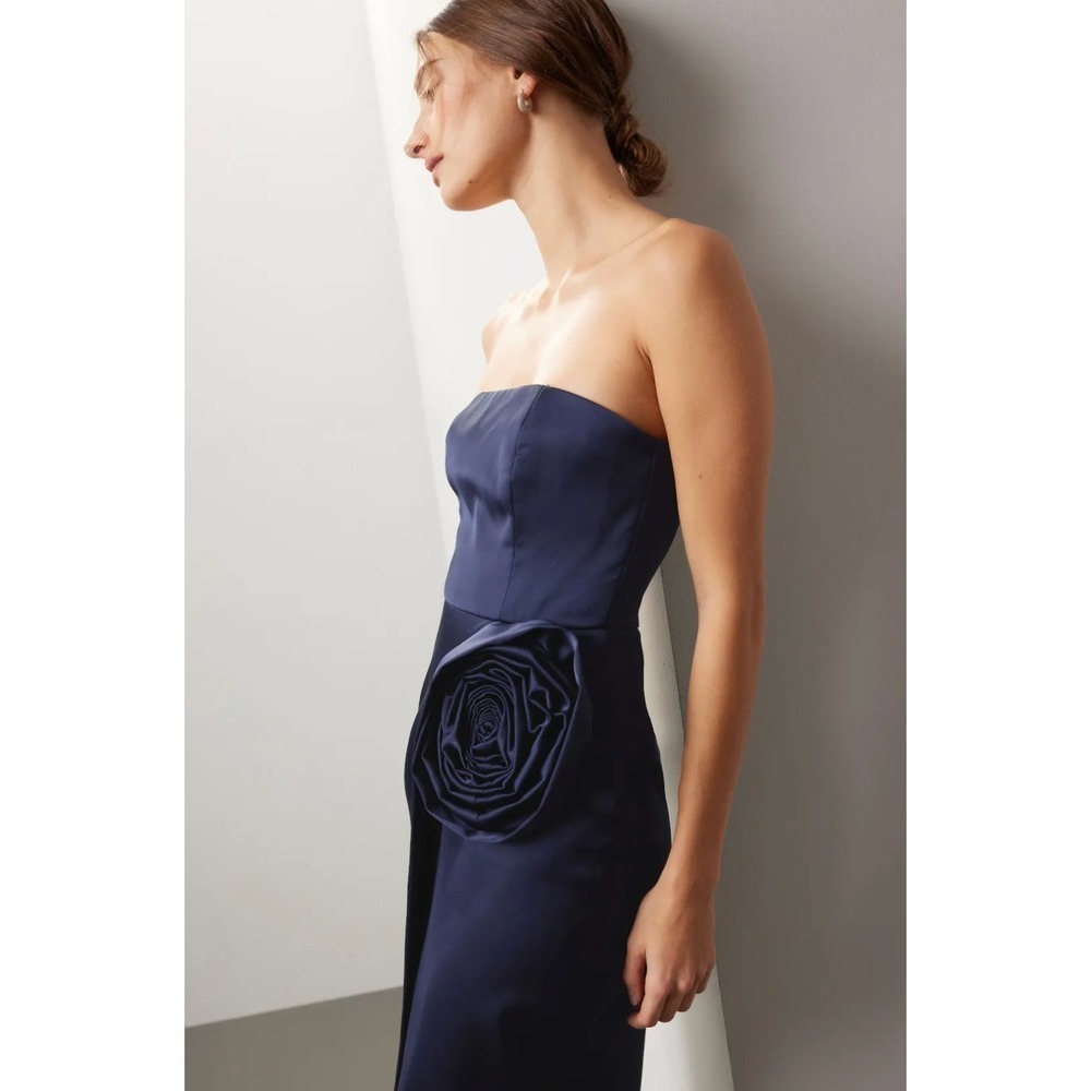 B35 Ronny Kobo Pradova Midi Dress XS Navy Blue Strapless Rosette Slit Cocktail - Picture 2 of 13